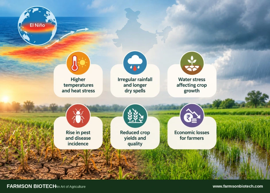 Icons representing causes and effects of uneven rainfall on farming