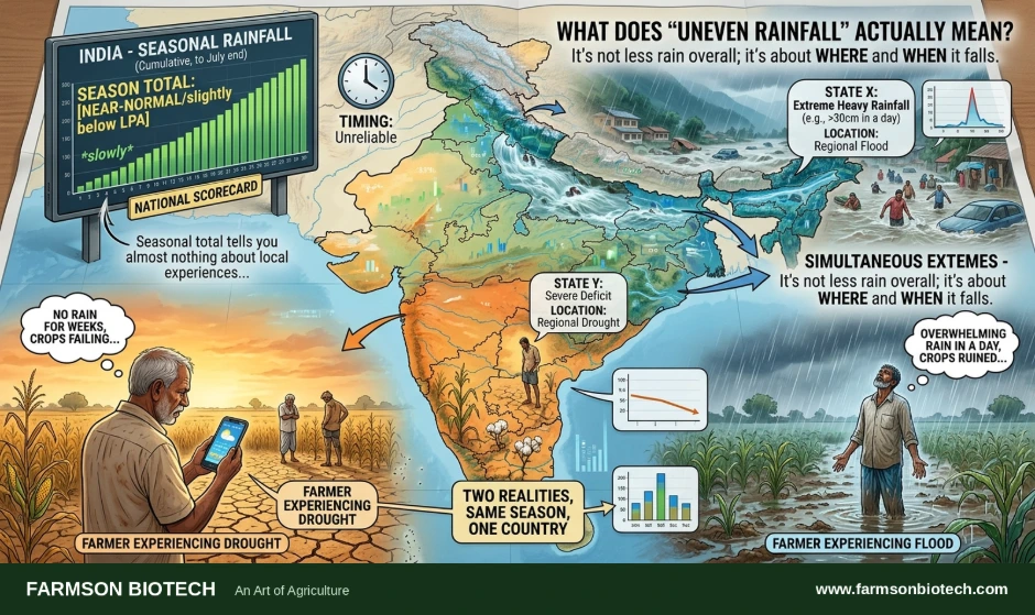 Map showing uneven rainfall distribution across India in 2026