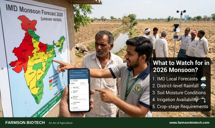 Indian farmers checking weather forecast on mobile phone during uneven rainfall