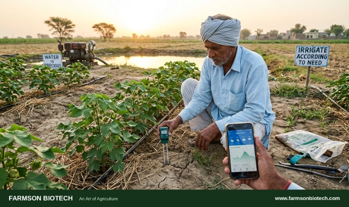 Farmer using mobile phone to check rainfall data in agricultural field