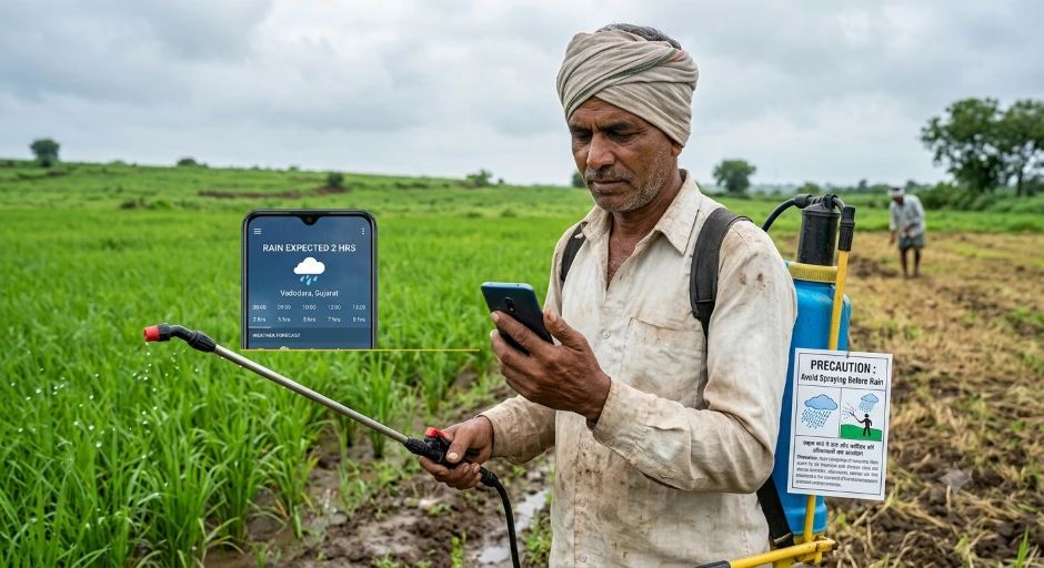 Farmer monitoring weather conditions before uneven rainfall in field