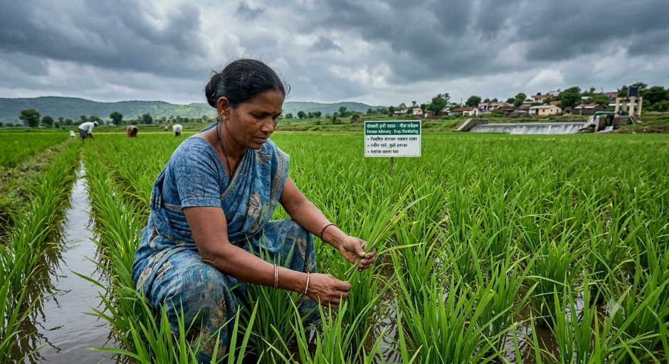 Farmer inspecting crop health in field during monsoon season