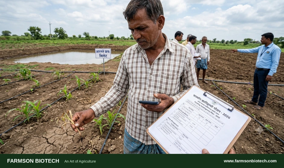 Farmer reviewing crop advisory document for rainfall management